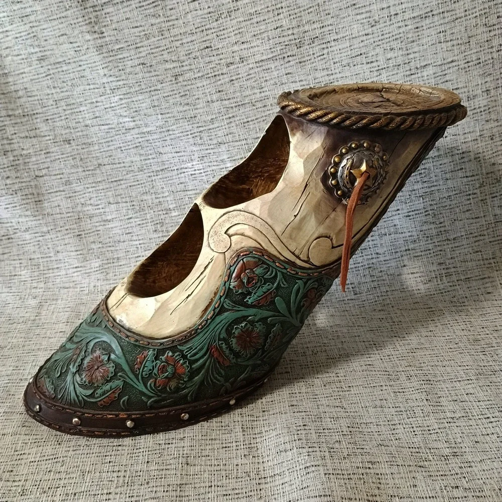 Western Floral Tooled Double Wine Bottle Holder Teal Copper Rustic Decor